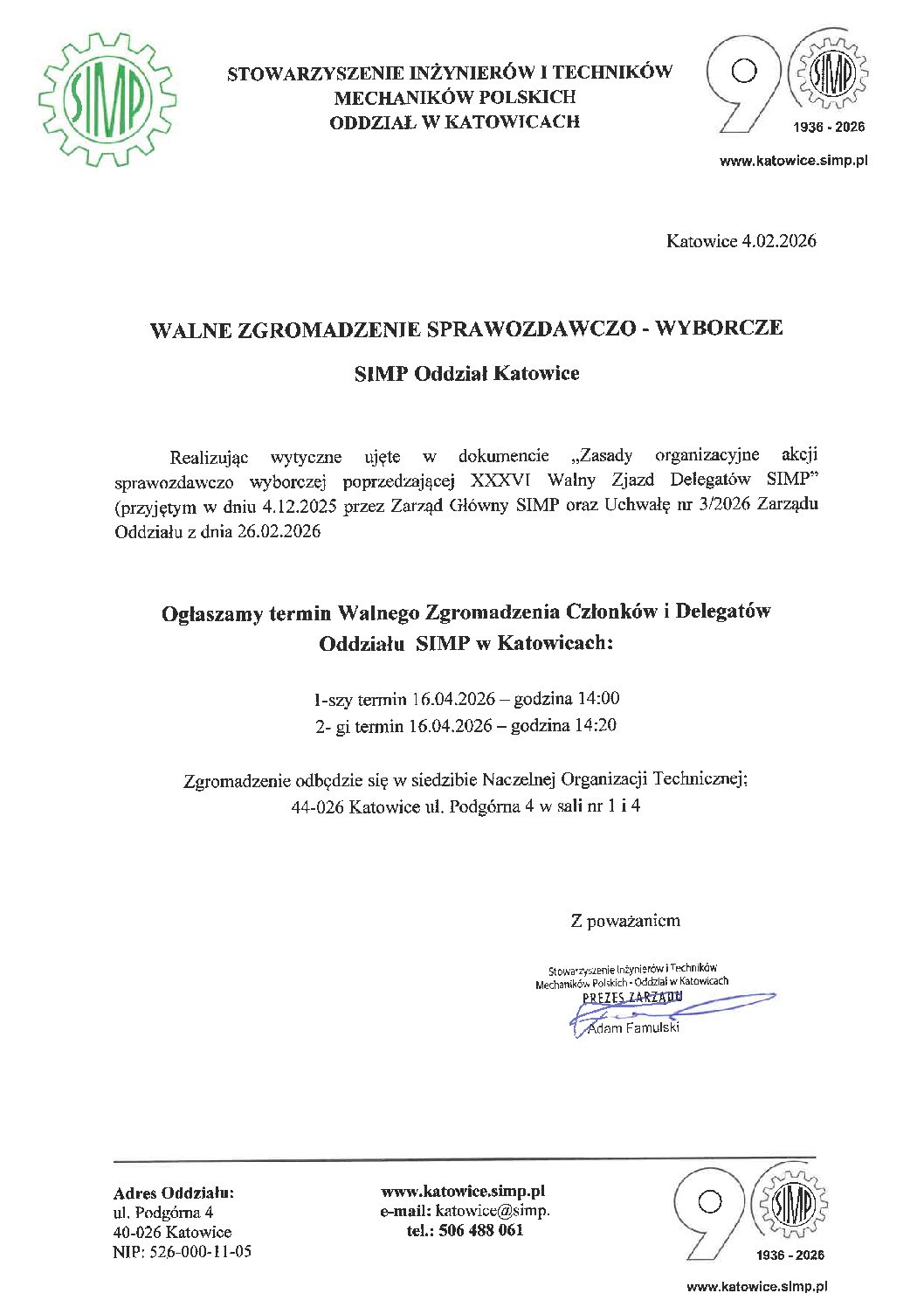 WALNE ZGROMADZENIE SPRAWOZDAWCZO WYBORCZE SIMP ODDZIAŁ W&nbsp;KATOWICACH